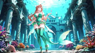 Red-haired Mermaid Princess's Intimate Journey in the Underwater Palace, Green Bikini hugging her curves, Heeled Boots on soft sand,