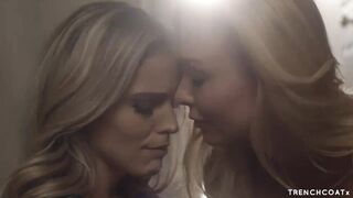 Aroused blonde lesbians are passionately making love in the late afternoon and moaning while cumming