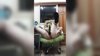 Homosexual likes to jerk his jock with a massive cucumber in his butt!
