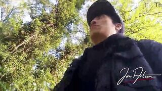 Homosexual hunk Jon Arteen freeballing showing his penis and bare butt outdoor