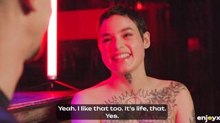 Tractable tattooed whore gets gagged and dominated by 2 coarse boys in S&M style