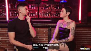 Tractable tattooed whore gets gagged and dominated by 2 coarse boys in S&M style
