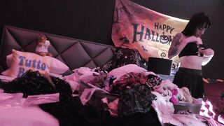 Tugjob expert Halloween wench in dress gives a tugjob does try on haul to tease and get precum with balls massage