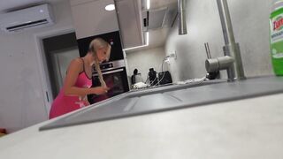 Sexy Hawt Taut Twat Blond College Angel in the Kitchen flashes her twat & in nature's garb butt beneath nightie