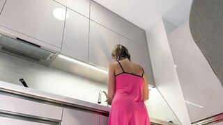Sexy Hawt Taut Twat Blond College Angel in the Kitchen flashes her twat & in nature's garb butt beneath nightie