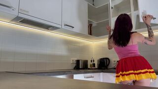 Amazingly marvelous large bazookas large butt cute sexually excited redhead with a short mini petticoat at home gets bored