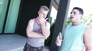 Lewd Golden-haired Floozy Bangs a Step Daddy and Step Son to collect the Rent - Cory Follow