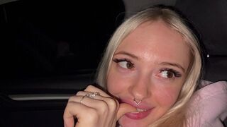 Lovely golden-haired on the highway. Sex in car