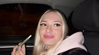 Lovely golden-haired on the highway. Sex in car