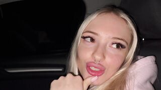 Lovely golden-haired on the highway. Sex in car