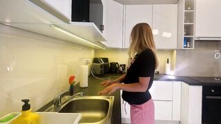 Hawt sexy golden-haired hotty in pajama shorts in the kitchen wishes to flash her cunt no pants below her pyjama