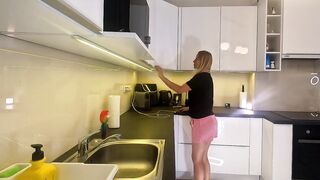 Hawt sexy golden-haired hotty in pajama shorts in the kitchen wishes to flash her cunt no pants below her pyjama