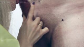 Close-up wife spies on a ally in the shower and sucks swallows cum