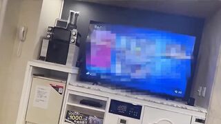 Masturbating on a Big TV Using a Life-size Cute Masturbator