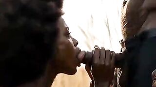 Ebony black lustful pleasant youthful afro hot nigerian teen raw sex drilled by an old elderly chap in public farm village to pay her debt [AI Generated]