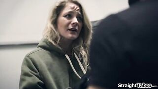 Dude is startled by homeless teen Lisey Pleasing who has followed him home.That guy cools down and suggests the tiny golden-haired a shower.That babe repays him with sex