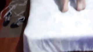 After mutual masturbation with my stepson, I pull up my jeans so this chab can cum on my butt.
