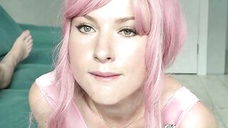 Beautiful woman with pink hair passionately and gently sucks jock and swallows cum. POV