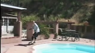 Pool male gets a admirable jock sucking by the lascivious golden-haired outdoors
