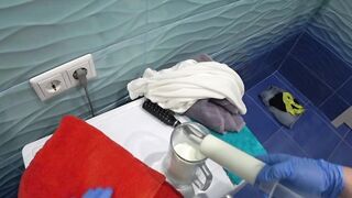 Medical Fetish Game of Lesbians. a Nurse Pours Milk into Hairy Pussy