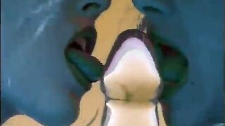 Couple of female aboriginal inhabitants with blue skin from Planet X Alyssa Allure and Heaven Lee perform strange ritual of rain summoning in the desert part