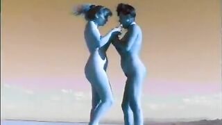 Couple of female aboriginal inhabitants with blue skin from Planet X Alyssa Allure and Heaven Lee perform strange ritual of rain summoning in the desert part