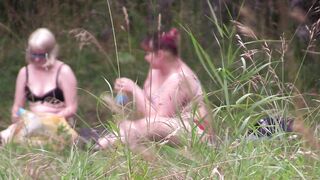 Voyeur Spies on two Mature Nudists with Hairy Pussies Outdoors. Girlfriends behind the Scenes.