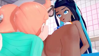 Sonia licks pussy before fucking Nessa with a strapon. Pokemon Hentai.