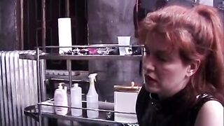 Two lecherous lesbians in leather lingerie bondage a slim brunette with small breasts