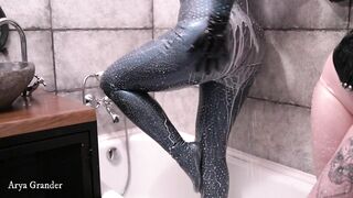 Hot Lesbian Bathroom Play in Latex Rubber Clothes, Fun with Food Fetish Milk on Big Natural Boobs