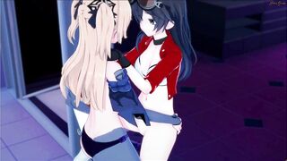 Amber and Fischl take turns with a strapon. Lesbian Hentai.