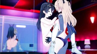 Amber and Fischl take turns with a strapon. Lesbian Hentai.
