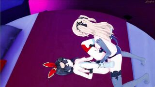 Amber and Fischl take turns with a strapon. Lesbian Hentai.