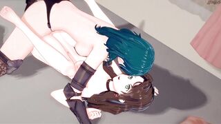 Byleth licks Dorothea's pussy before fucking her against a wall with a strapon - Fire Emblem Lesbian Hentai.