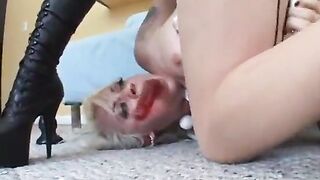 Naughty slave Lorelei Lee has to satisfy her Sapphic mistress Adrianna Nicole with strap-on put on her mouth while her cunt is stumulated with Hitachi vibrating machine