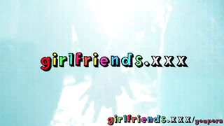 Girlfriends fit babe with hairy pussy gets wet outdoors before orgasm