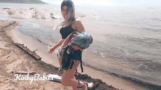 Risky Public Beach Fuck: Rough Lesbian Strapon, Riding, and POV - KinkyBabies
