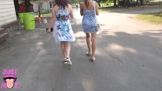 Two Girls Flashing Pussy in Public Park, Upskirt no Panties