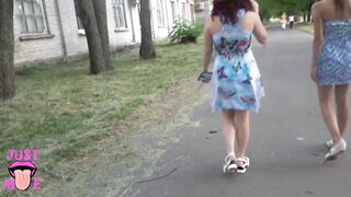 Two Girls Flashing Pussy in Public Park, Upskirt no Panties