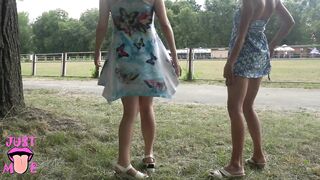 Two Girls Flashing Pussy in Public Park, Upskirt no Panties