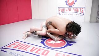 Daisy Ducati vs tall Rocky Emerson nude girls wrestling loser takes strapon