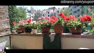 Old mature masturbating on the balcony