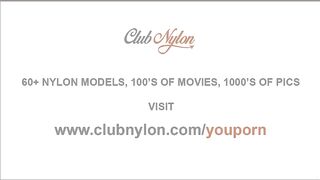 Latex lesbian brunette Mistress fucks nylon stockings and lingerie slut pussy tied to bed with strapon and vibrator toy