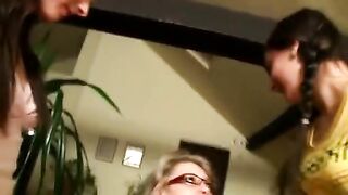 Two horny students study lesbian sex games with their lesbian milf teacher