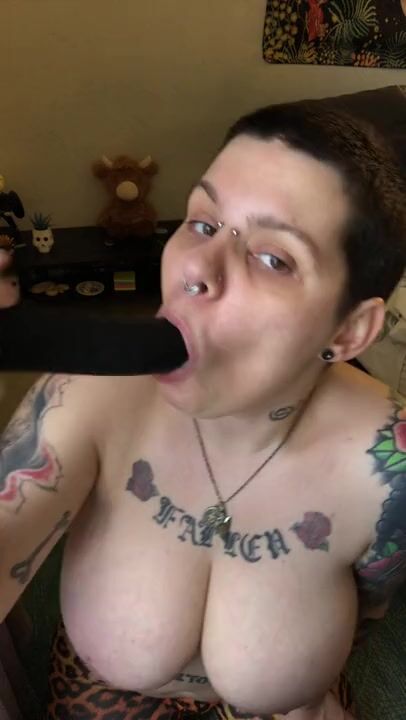 Ugly butch lesbian dyke Billie Butch sucks BBC dildo cock