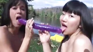 Two young lesbians play with a double ended dildo outdoors