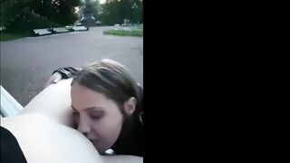 Naughty lesbians licking pussy in a public park