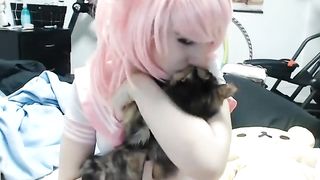 LR in pink schoolgirl outfit