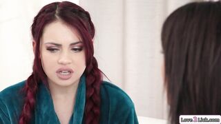 Busty redhead babe licks her mature stepmoms feet and pussy