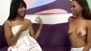 Ebony teens strip and use dildo